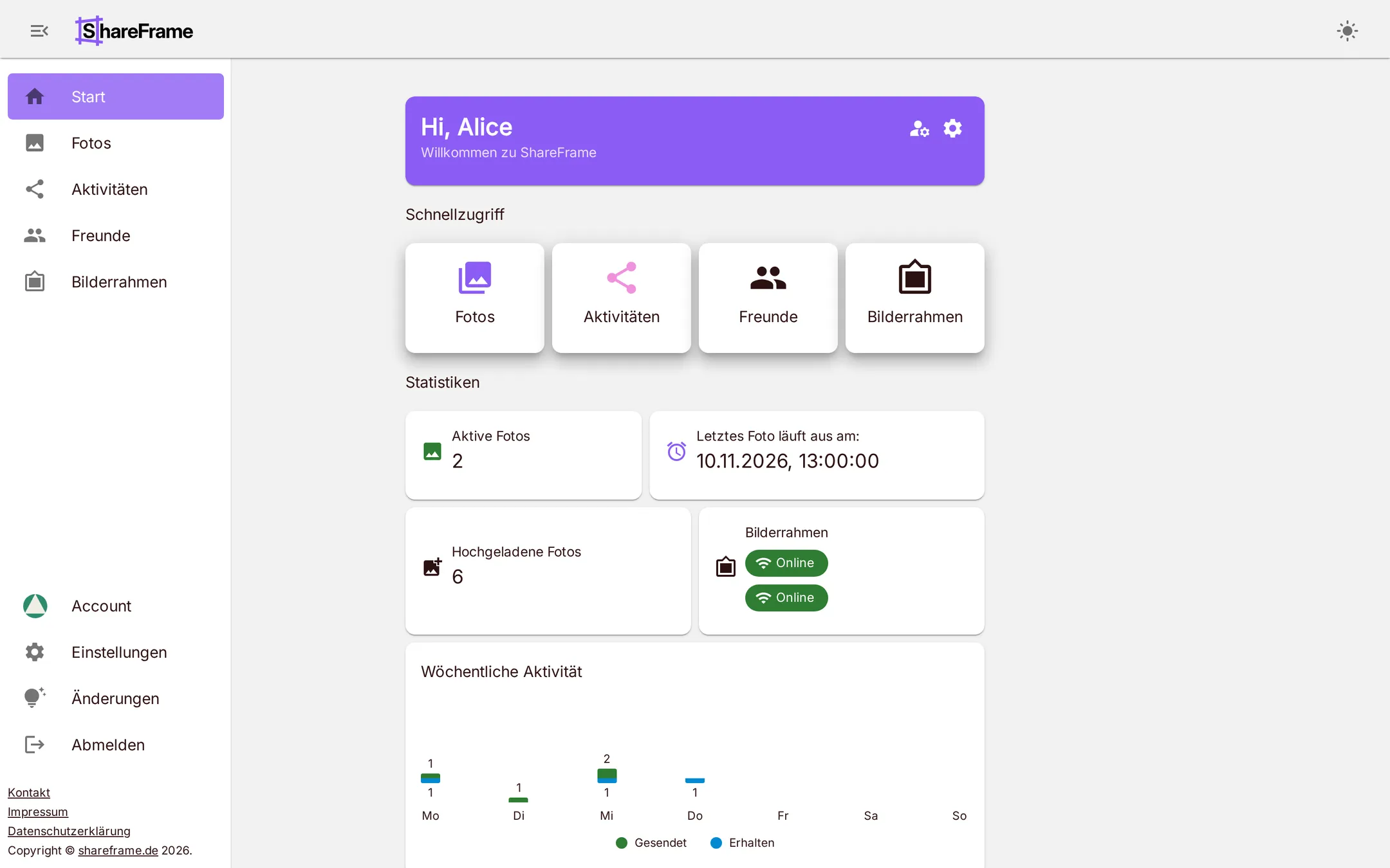 Screenshot der ShareFrame-App: Start